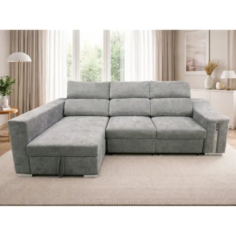 sofá cama chaise longue gris modelo Menua XL en salón moderno Muebles Juvial