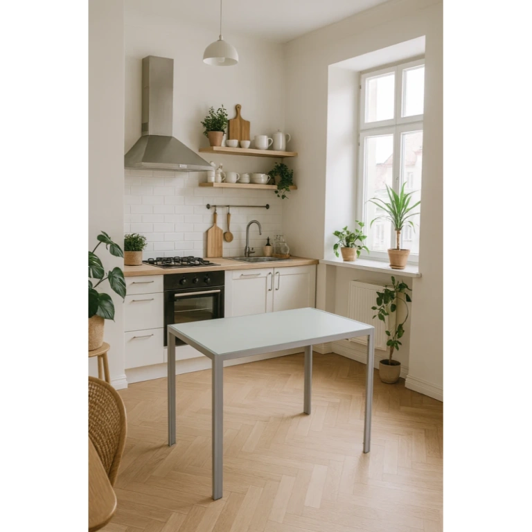 mesa de cocina de cristal templado blanca patas acero Muebles Juvial