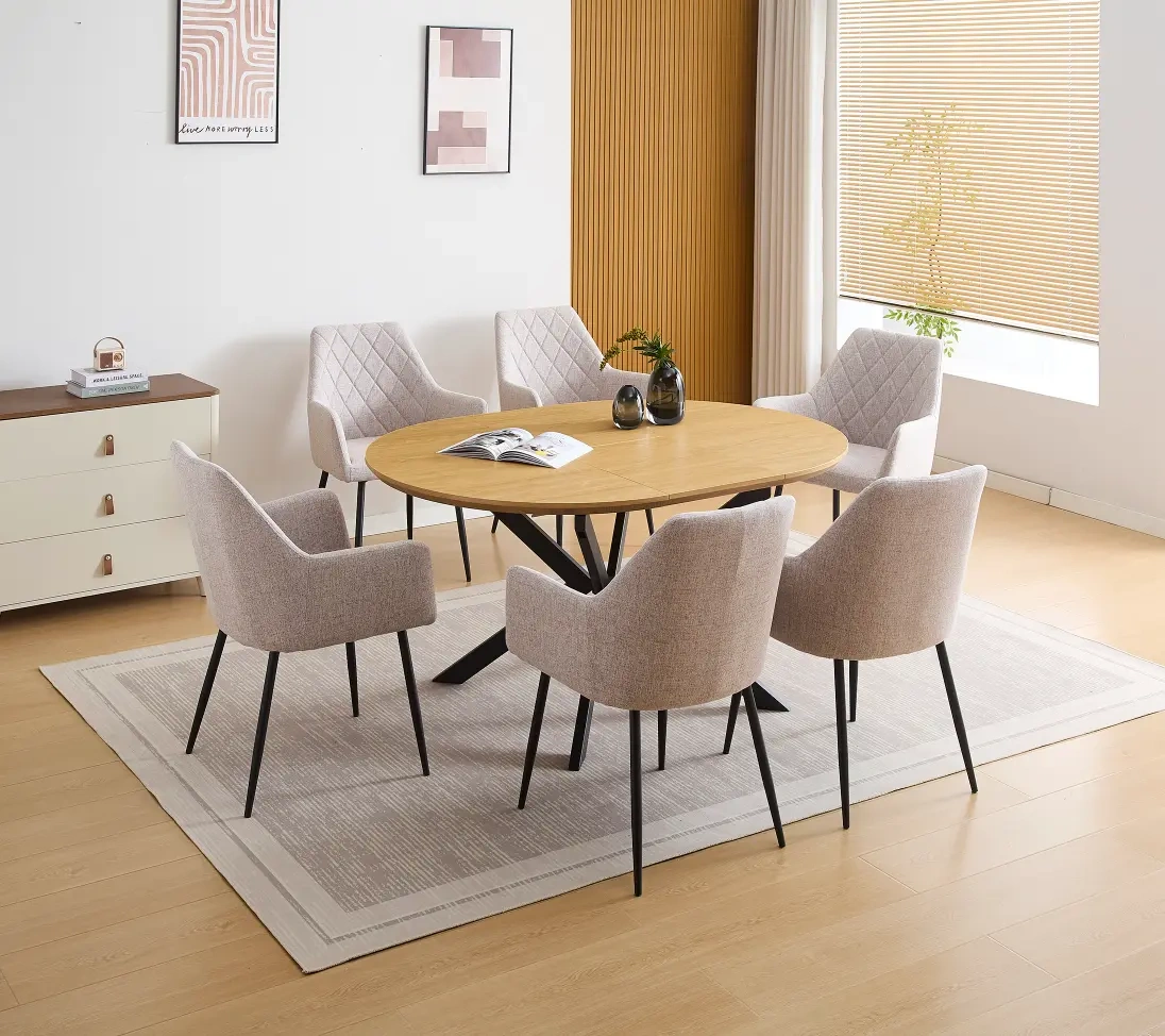 conjunto-mesa-winsor-y-6-sillas-devon-beige conjunto mesa Winsor extensible con 6 sillas Devon patas negras comedor industrial color beige