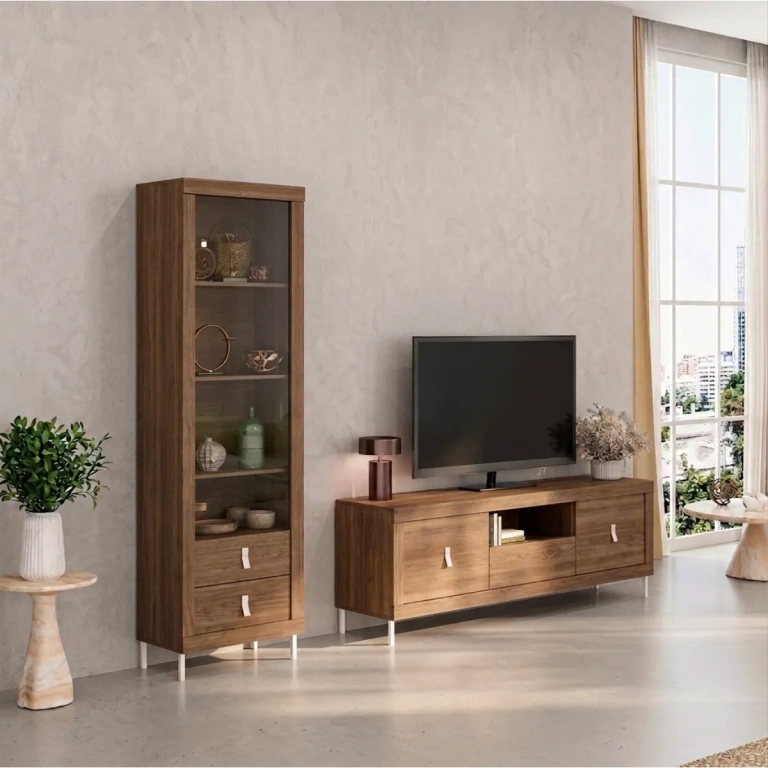 mueble de salón Strait 240 cm nogal vitrina y mueble TV Muebles Juvial