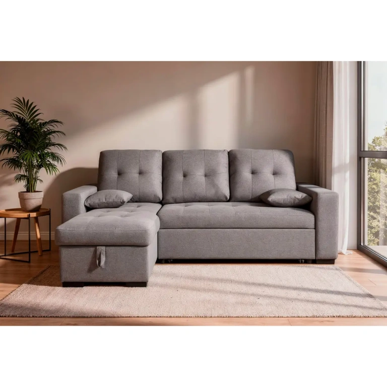 Chaiselongue cama Salem gris tela Malmo en salón moderno, Muebles Juvial