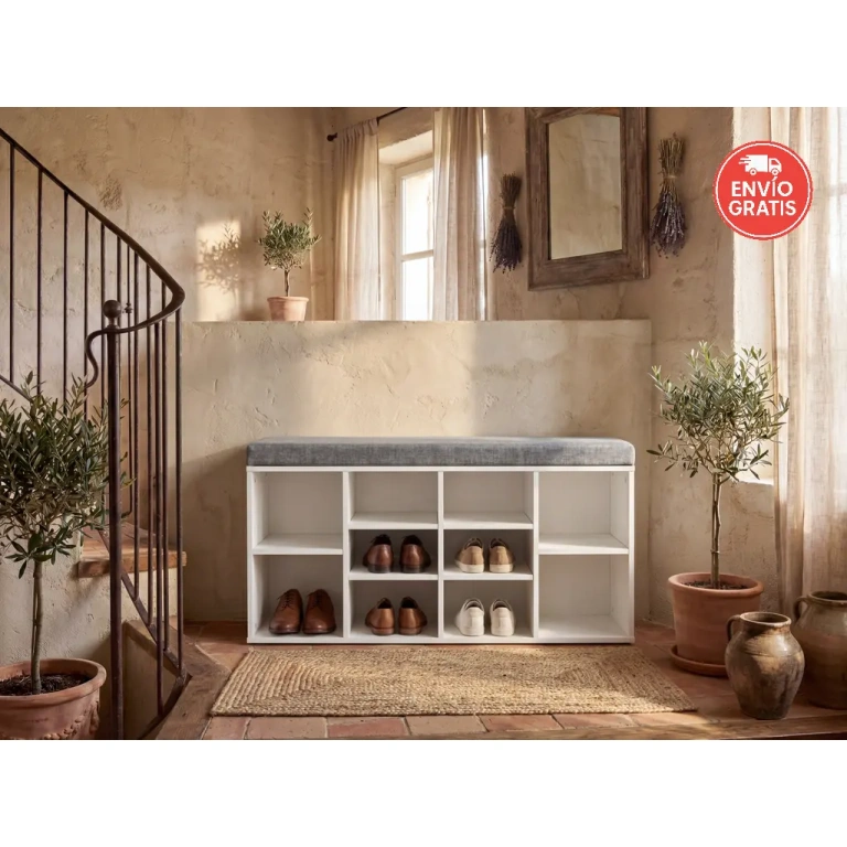 Zapatero con asiento Ercolano blanco con 8 huecos